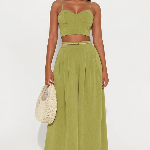 Linen Wide Leg Pant Suit - Olive - Picture 1 of 3
